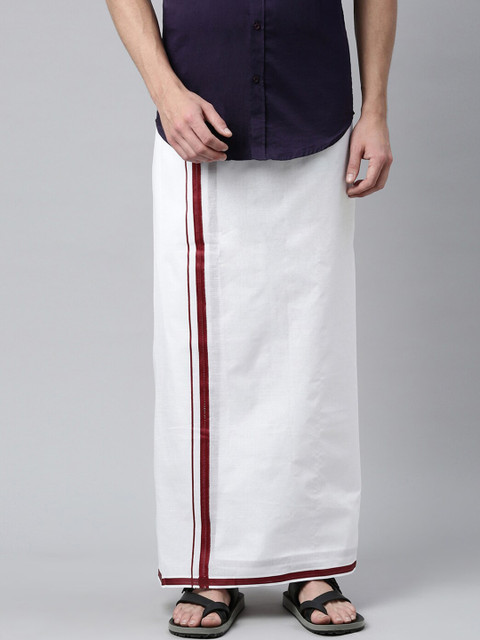 

WHITE HEART Men White & Maroon Solid Pure Cotton Double Dhoti