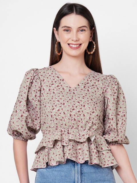 

POPPI Beige & Red Floral Printed Georgette Cinched Waist Top