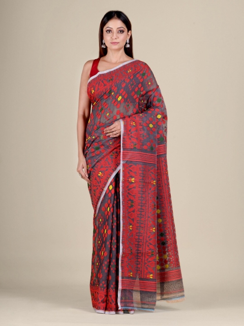 

Mitera Grey & Red Floral Silk Cotton Jamdani Saree