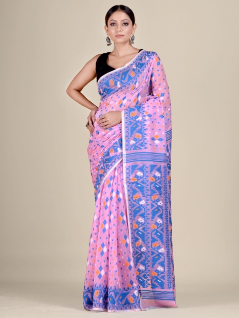 

Mitera Pink & Blue Woven Design Silk Cotton Jamdani Saree