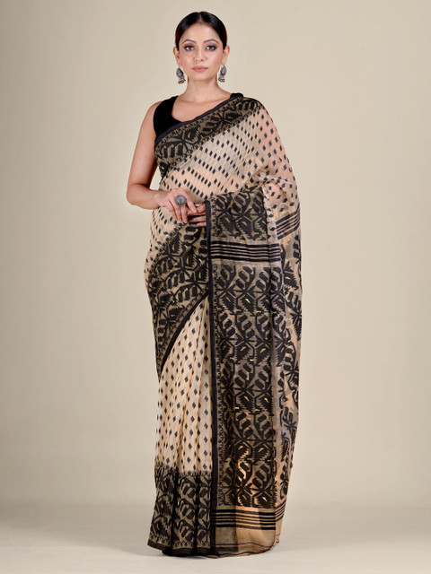 

Mitera Beige & Black Ethnic Motifs Silk Cotton Jamdani Saree