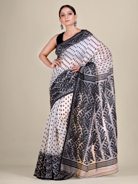 

Mitera White & Black Ethnic Motifs Silk Cotton Jamdani Saree