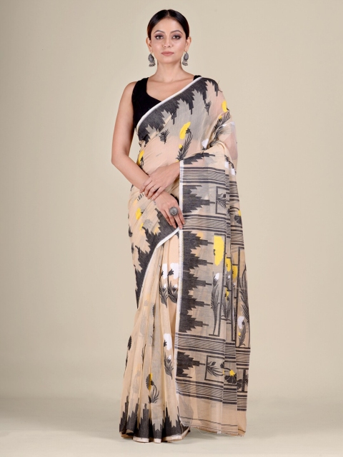 

Mitera Tan & Black Woven Design Silk Cotton Jamdani Saree