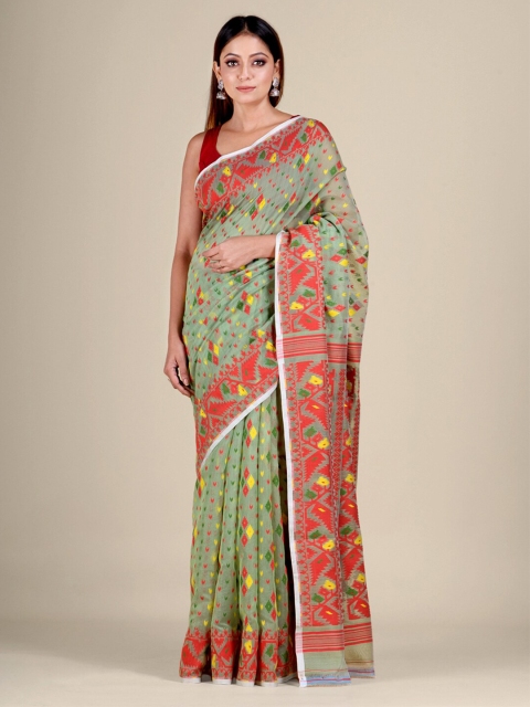 

Mitera Green & Red Silk Cotton Jamdani Saree