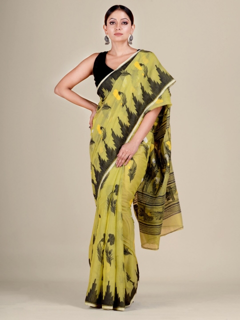 

Mitera Green & Black Ethnic Motifs Silk Cotton Jamdani Saree