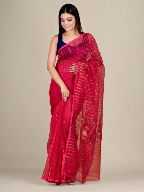 

Mitera Pink & Gold-Toned Woven Design Silk Cotton Jamdani Saree