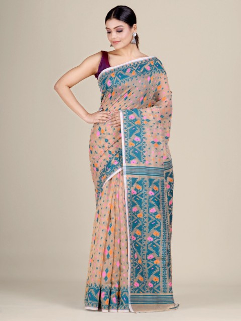 

Mitera Beige & Green Silk Cotton Jamdani Saree