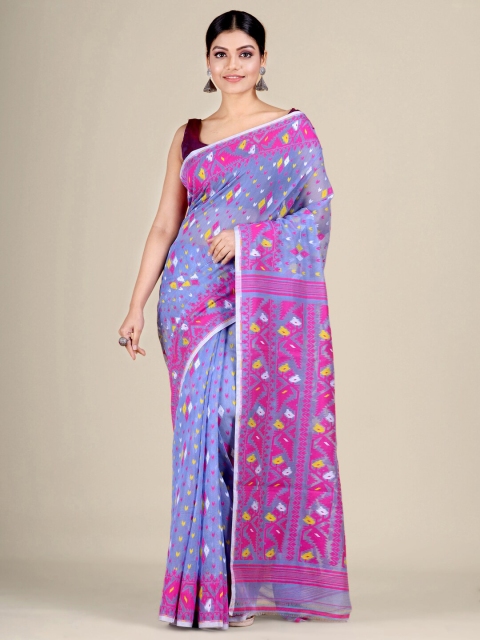 

Mitera Blue & Pink Woven Design Silk Cotton Jamdani Saree