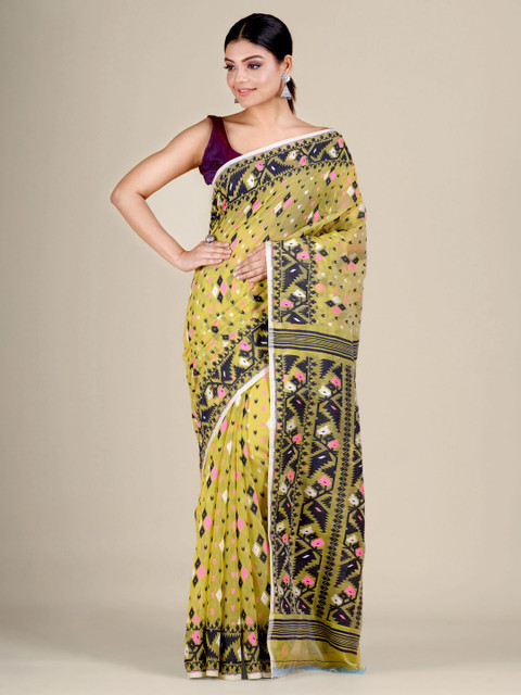 

Mitera Yellow & Black Floral Silk Cotton Jamdani Saree
