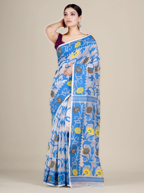 

Mitera Blue & Off White Ethnic Motifs Silk Cotton Jamdani Saree