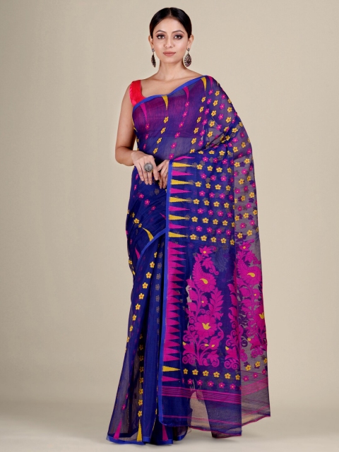 

Mitera Blue & Pink Ethnic Motifs Silk Cotton Jamdani Saree