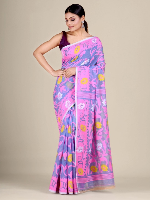 

Mitera Blue & Pink Woven Design Silk Cotton Jamdani Saree