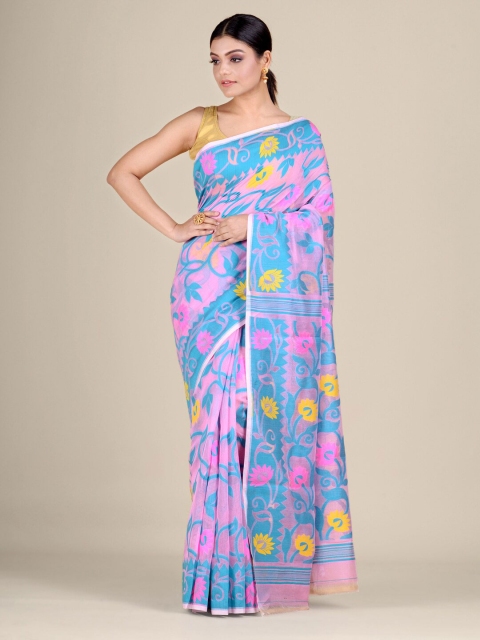 

Mitera Pink & Yellow Ethnic Motifs Silk Cotton Jamdani Saree