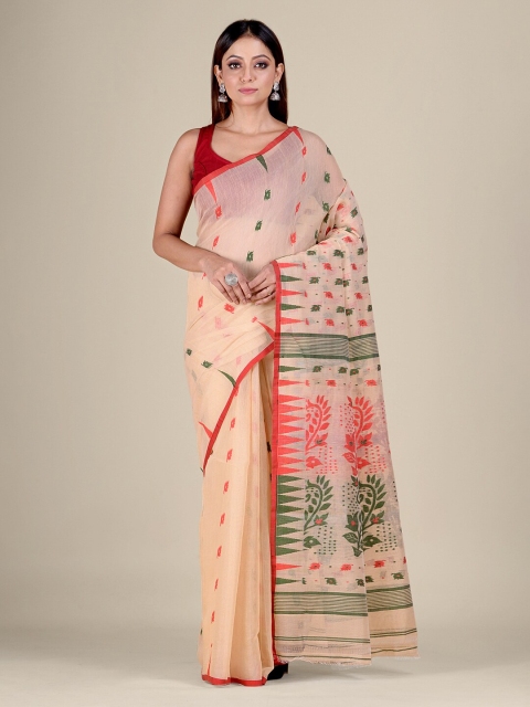 

Mitera Beige & Orange Silk Cotton Jamdani Saree