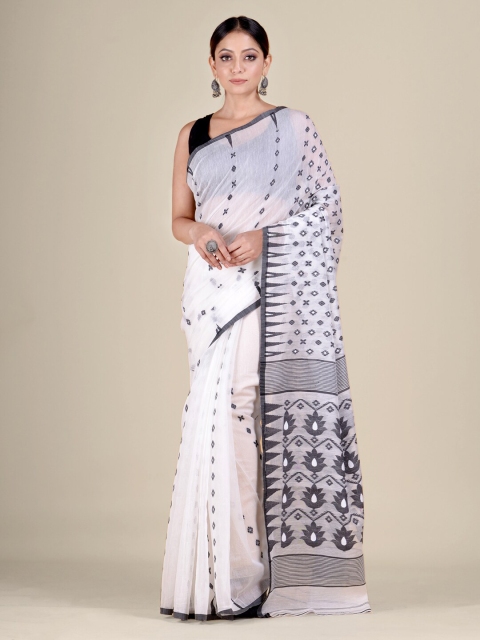

Mitera White & Black Woven Design Silk Cotton Jamdani Saree