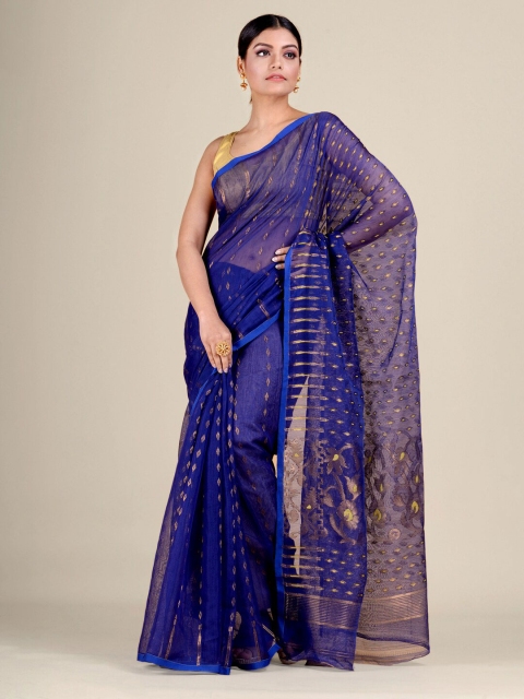 

Mitera Blue & Gold Ethnic Motifs Silk Cotton Jamdani Saree