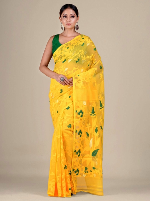 

Mitera Yellow & Green Floral Silk Cotton Jamdani Saree