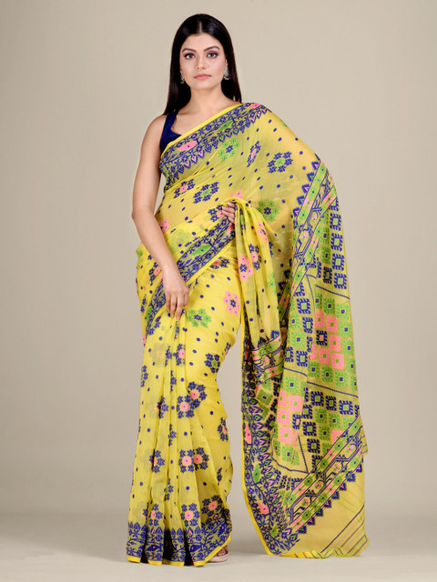 

Mitera Yellow & Blue Silk Cotton Jamdani Saree