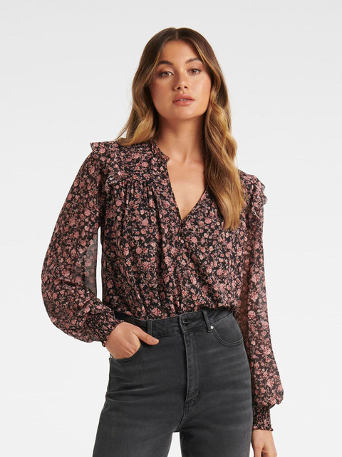 

Forever New Black & Pink Floral Mandarin Collar Regular Top