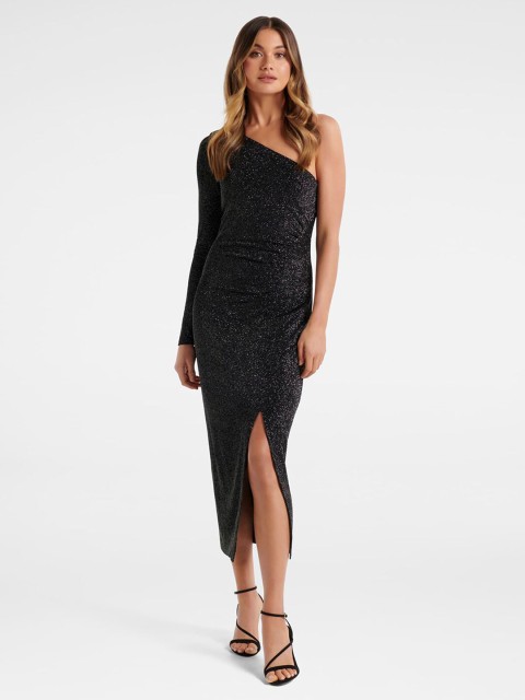 

Forever New Women Black Glitter Embellished One Shoulder Bodycon Midi Dress
