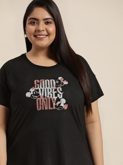 

Sztori Disney Women Plus Size Black Typography Mickey Mouse Printed T-shirt