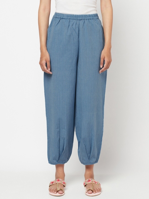 

Fabindia Women Blue Striped Cotton Cropped Palazzos