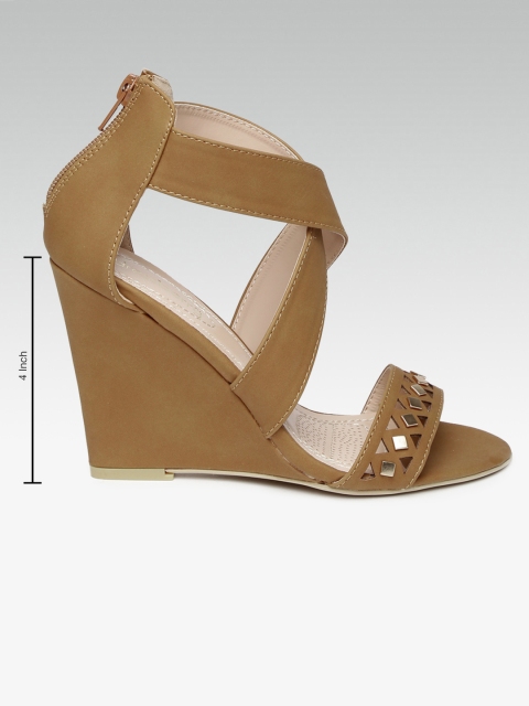 

DressBerry Women Tan Brown Embellished Wedges