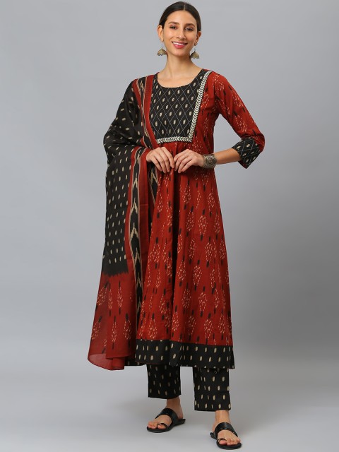 

SIAH Women Maroon & Black Printed Sequinned Pure Cotton Kurta With Trousers & Dupatta