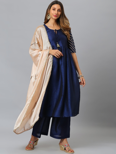 

SIAH Women Navy Blue Yoke Design Empire Kurti with Trousers & With Dupatta