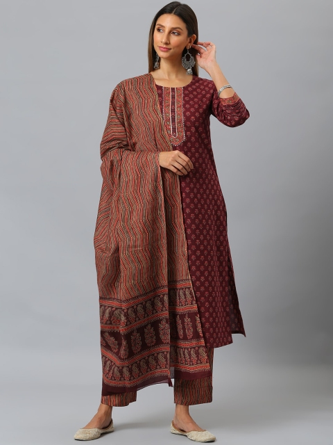 

SIAH Women Red Ethnic Motifs Printed Regular Gotta Patti Pure Cotton Kurta with Trousers & With Dupatta