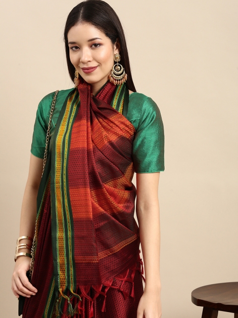 

Anouk Maroon & Green Woven Design Pure Silk Fusion Banarasi Saree