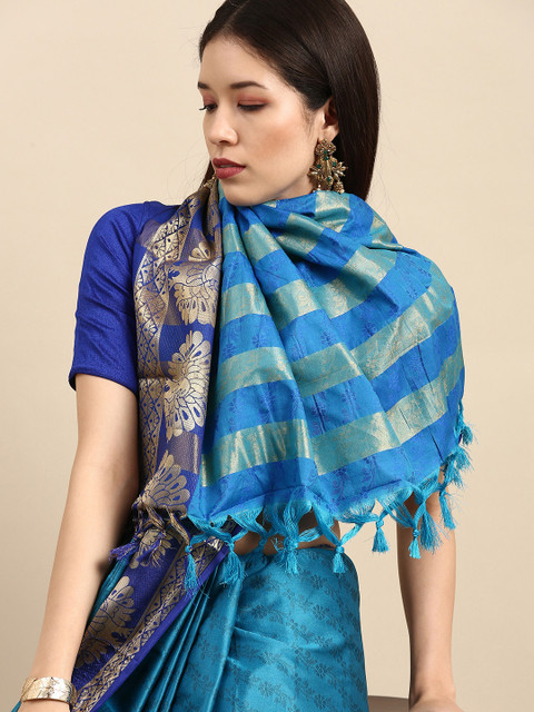 

Anouk Teal Blue Woven Design Pure Silk Kanjeevaram Saree