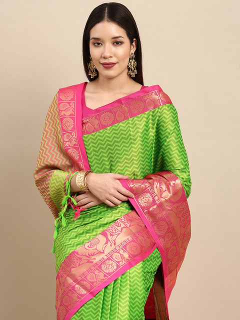 

Anouk Green & Pink Woven Design Pure Silk Kanjeevaram Saree