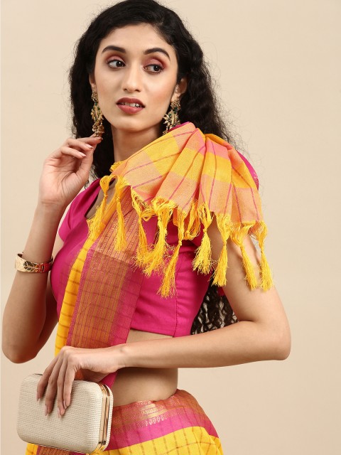 

Anouk Yellow & Fuchsia Woven Design Pure Silk Banarasi Saree