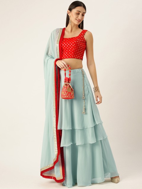 

EthnoVogue Red & Sea Green Made to Measure Lehenga & Blouse With Dupatta