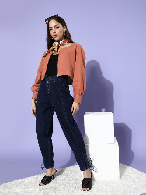 

Popnetic Women Brown Solid Pure Cotton Cropped Jacket