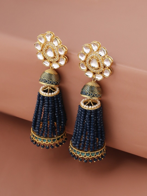 

VIRAASI Navy Blue Gold Plated Kundan Meenakar Contemporary Jhumkas Earrings