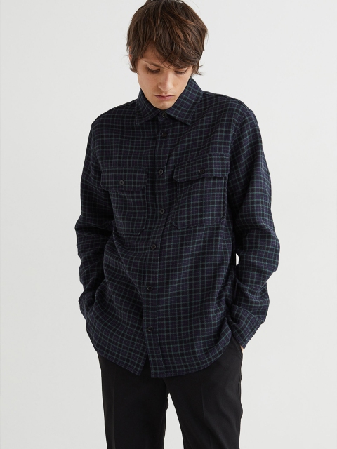 

H&M Men Blue & Green Checked Pure Cotton Twill Overshirt