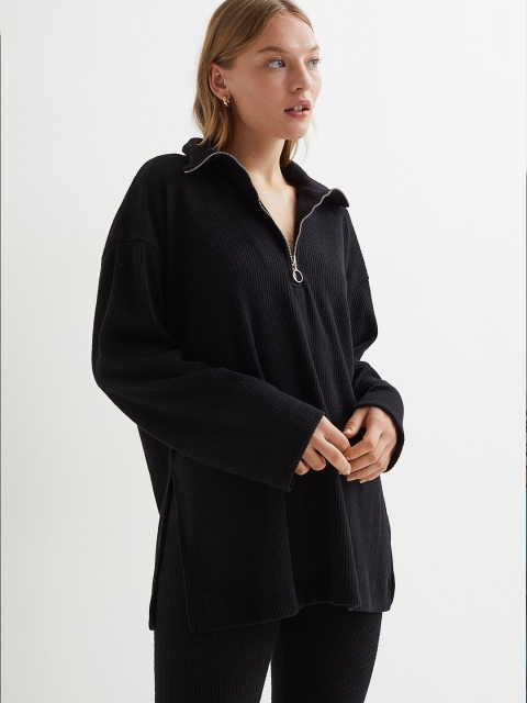 

H&M Women Black Ribbed Zip-Up Top