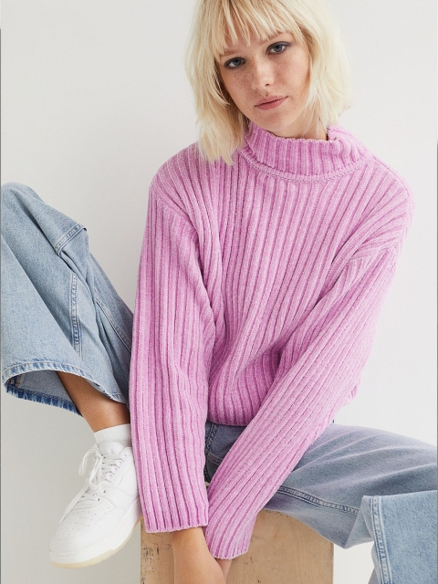 

H&M Women Pink Ribbed Chenille Jumper
