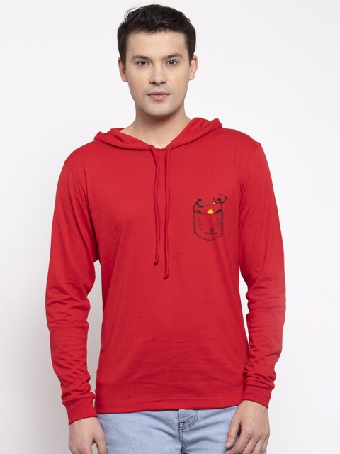 

Friskers Men Red Printed Hooded T-shirt