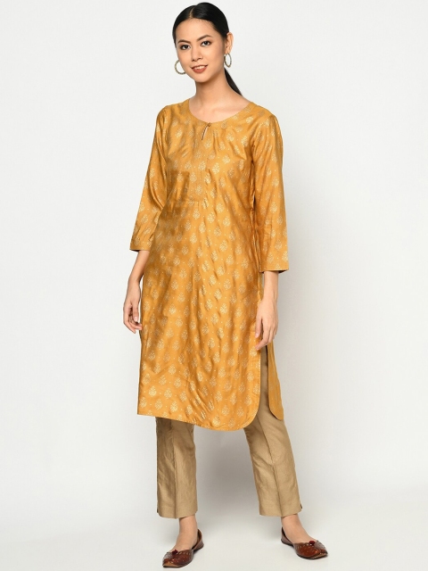 

Fabindia Women Yellow Keyhole Neck Extended Sleeves Kurta