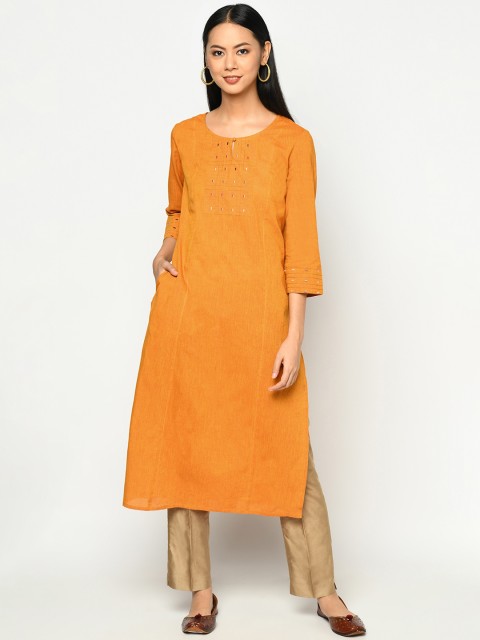 

Fabindia Women Mustard Yellow Geometric Yoke Design Keyhole Neck Kurta