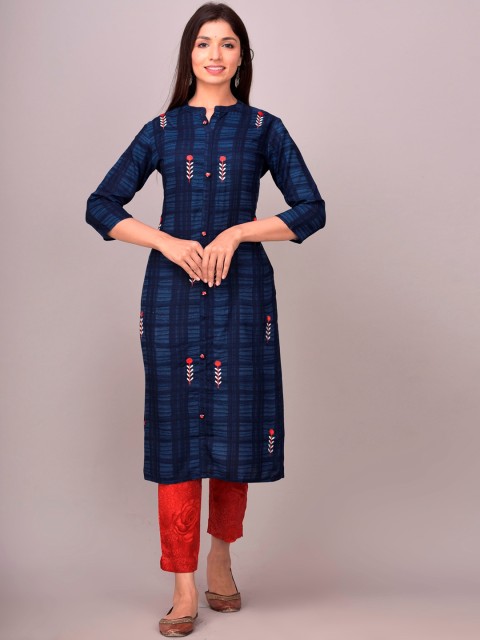

DIVYANK Women Navy Blue & Red Printed Regular Thread Work Kurta with Trousers