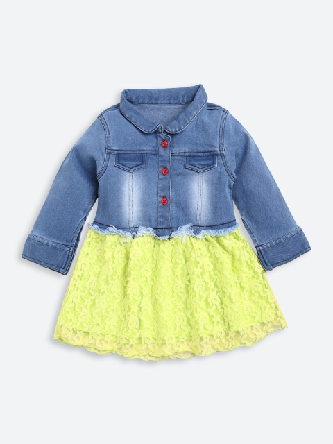 

TAMBOURINE Green & Blue Colourblocked Denim Pure Cotton Shirt Dress