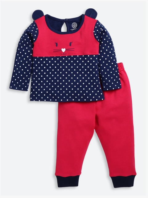 

TAMBOURINE Girls Red & Navy Blue Printed Pure Cotton Top with Pyjamas