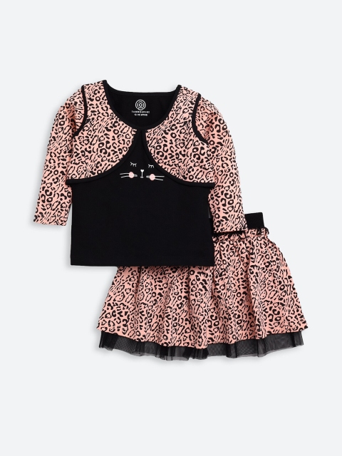 

TAMBOURINE Girls Brown & Black Printed T-shirt with Skirt