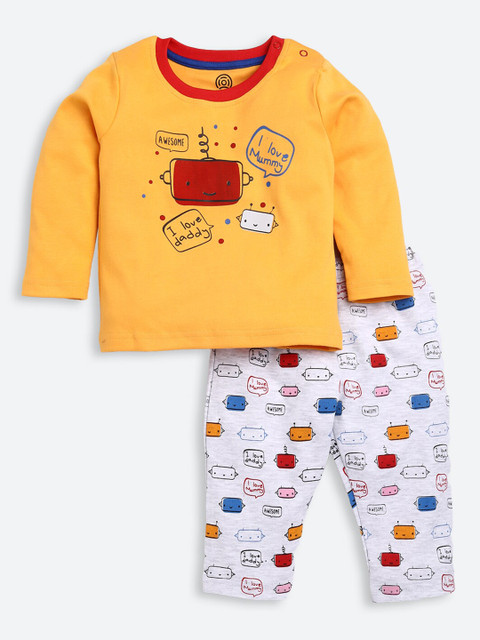 

TAMBOURINE Boys Yellow & Grey Printed Pure Cotton T-shirt with Pyjamas