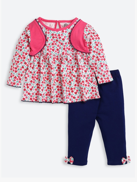 

TAMBOURINE Girls Pink & Navy Blue Printed Pure Cotton T-shirt with Pyjamas
