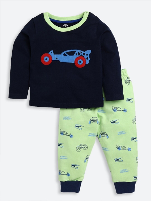 

TAMBOURINE Boys Navy Blue & Green Printed T-shirt with Pyjamas